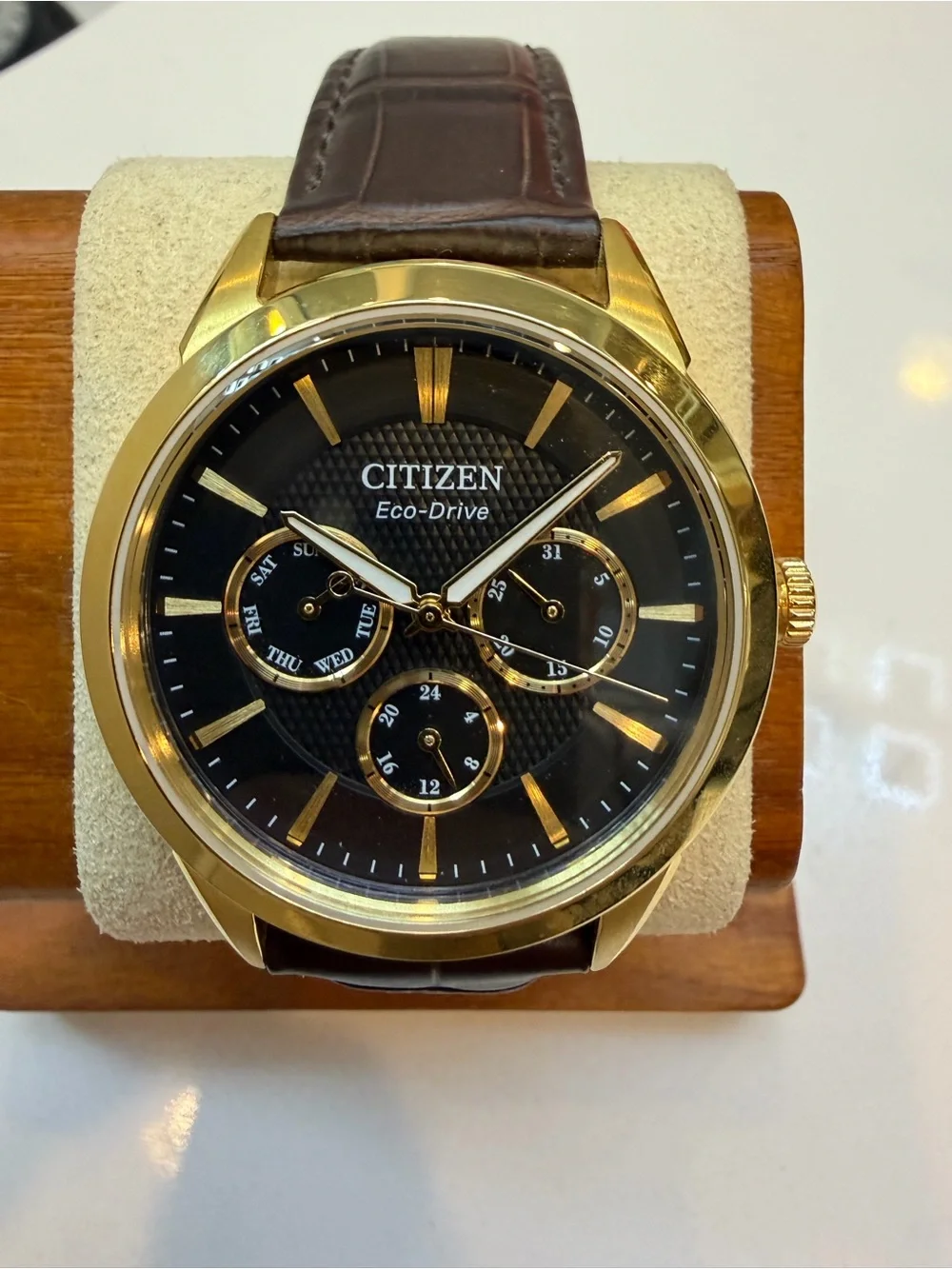Citizen Eco-Drive Rolan Gold Case Black Dial Brown Leather Strap Watch
